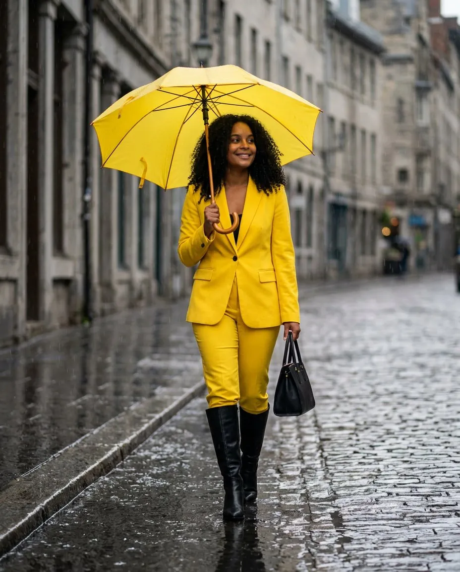 Cinematic Fashion Editorial Portrait on Rainy Cobblestone Street