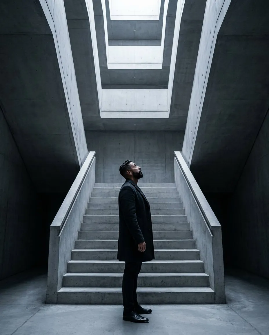 Monumental Concrete Staircase Editorial Portrait, Minimalist Cinematic