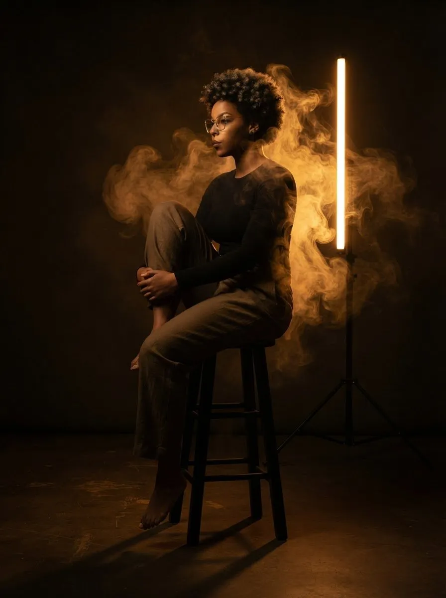 Cinematic Low-Key Full-Length Studio Portrait with Amber Rim Light