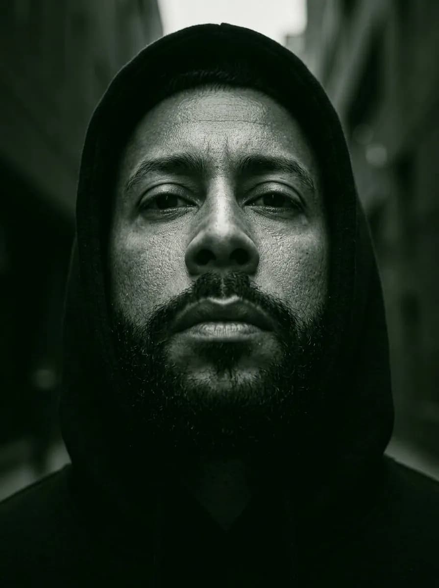 Cinematic Low-Angle Urban Portrait, Moody Low-Key Fashion