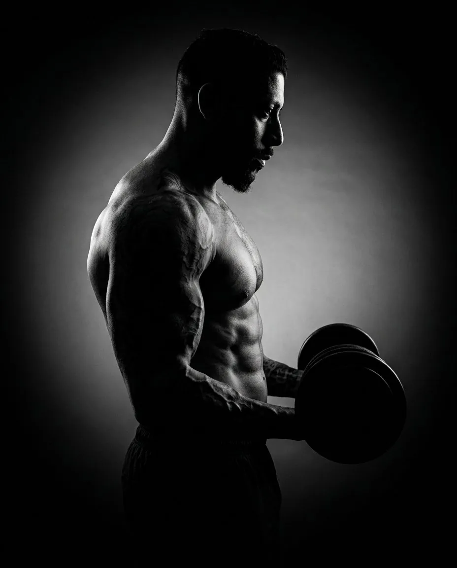 Dark Luxury Fitness Editorial Portrait, High-Contrast Noir
