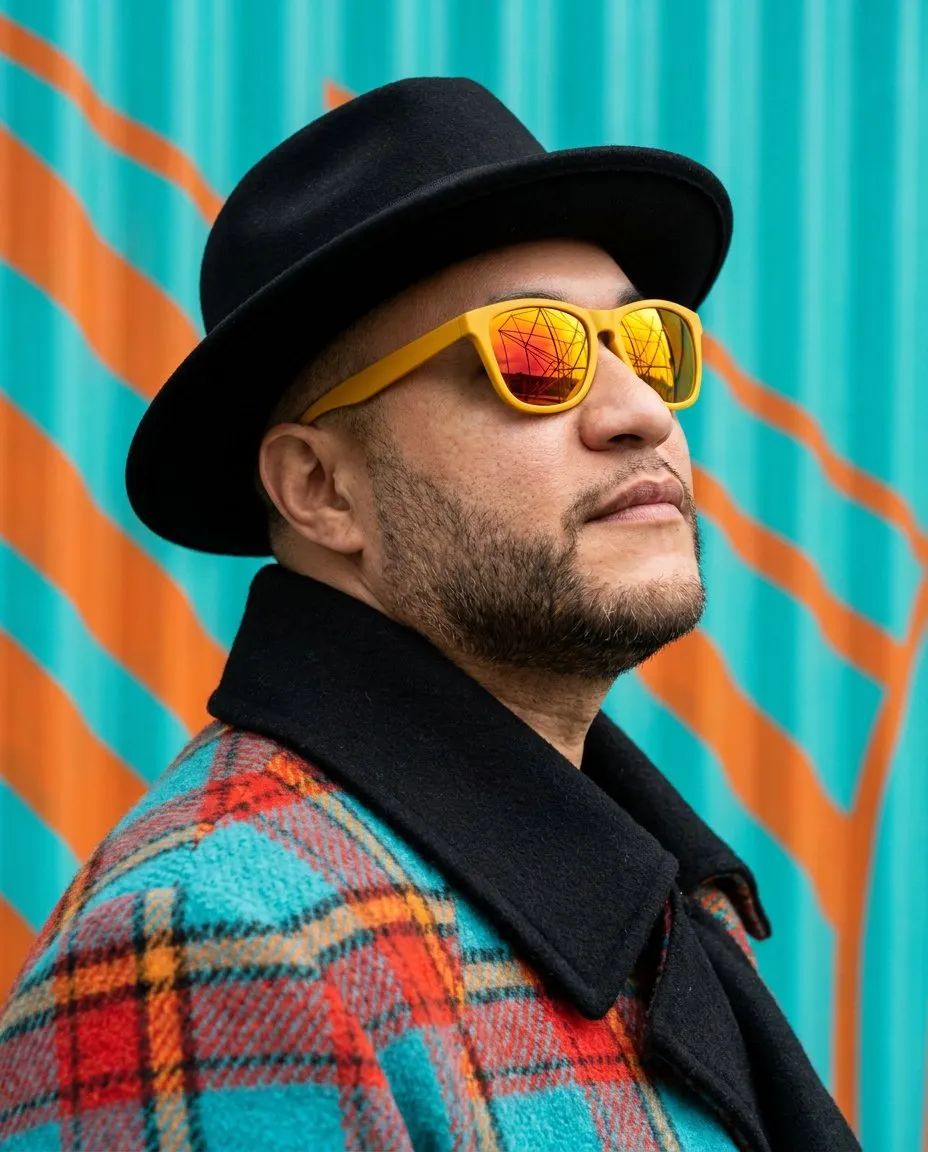 Stylized Urban Fashion Portrait with Vibrant Plaid Coat