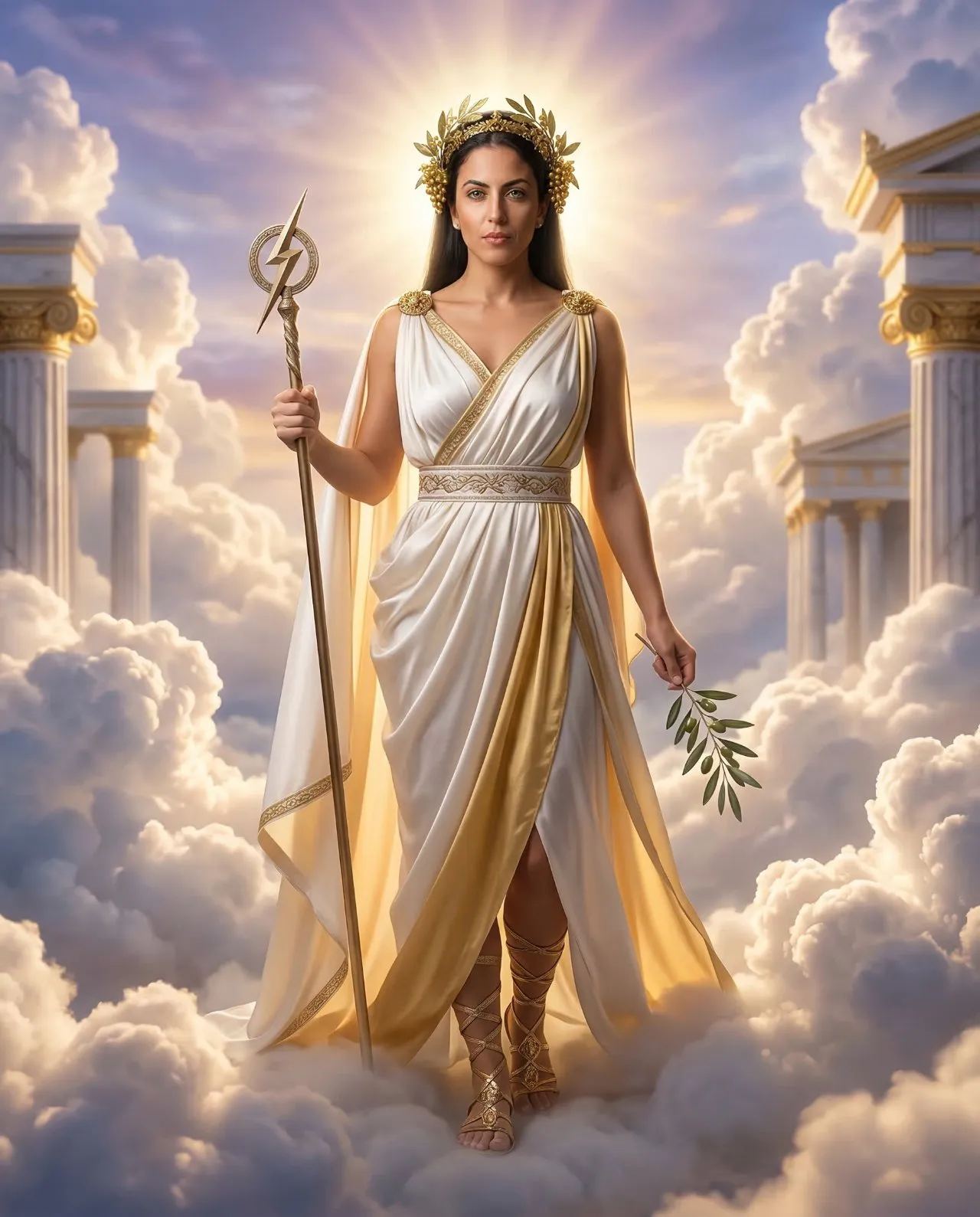 Cinematic Photoreal Full-Body Portrait of Greek Goddess in Olympus