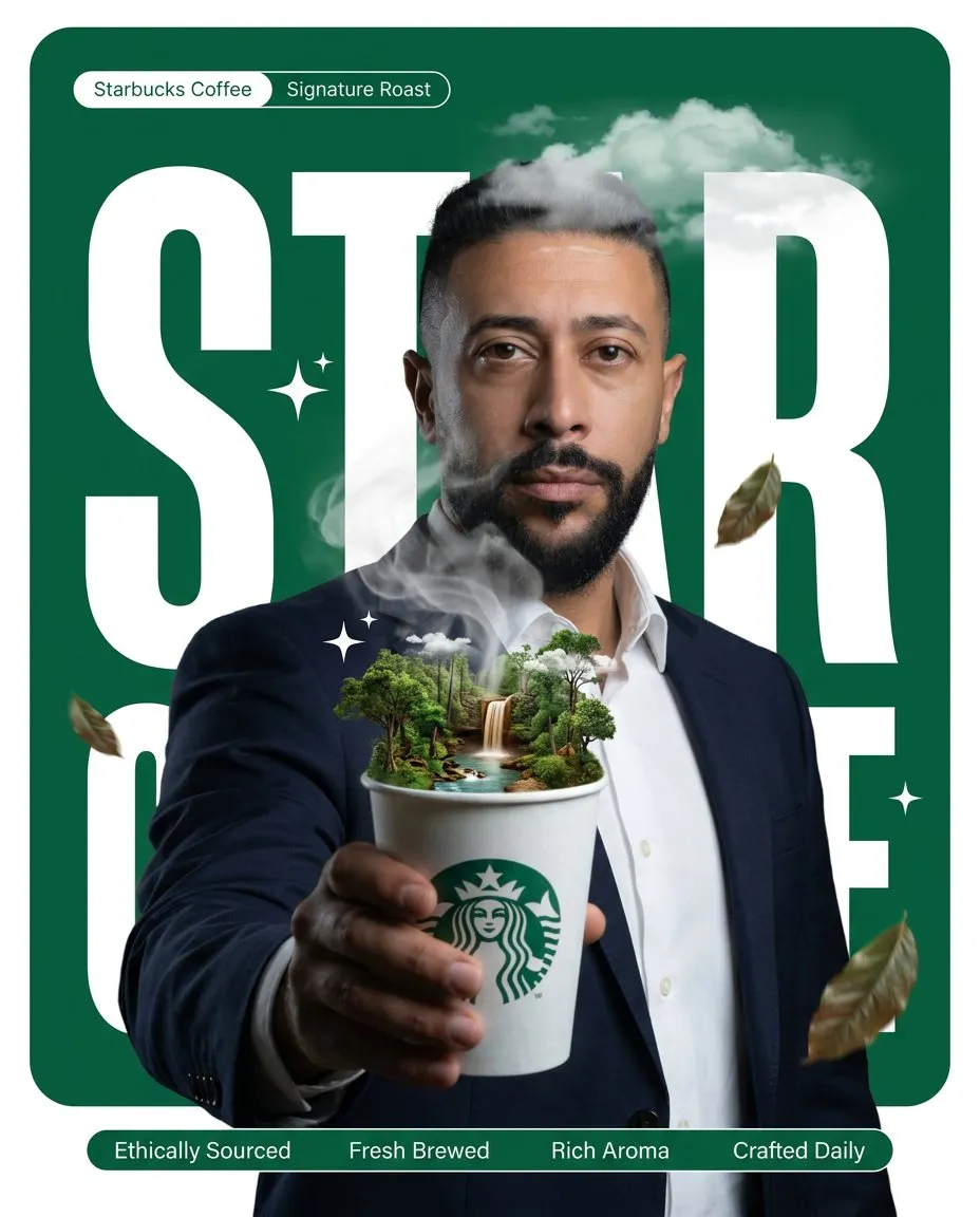 Surreal Coffee Product Poster with Miniature Ecosystem