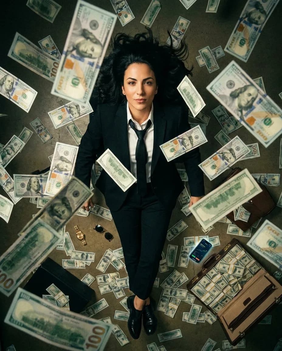 Cinematic Top-Down Portrait of Person Amid Luxury Cash Explosion