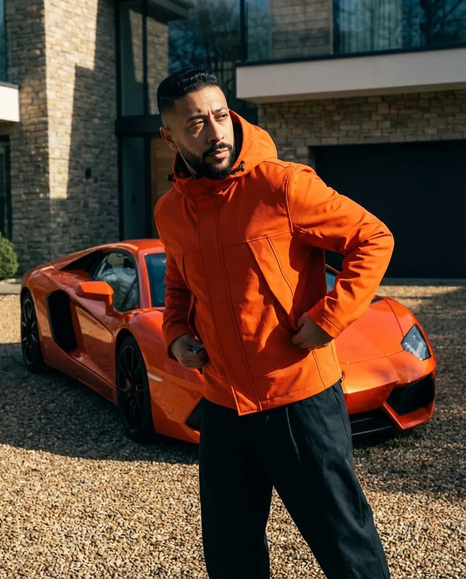 Cinematic Automotive Fashion Editorial Portrait with Orange Supercar