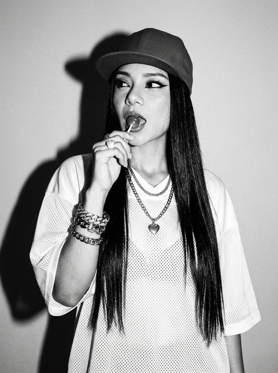 High-Contrast Black-and-White Street Fashion Portrait, Flash