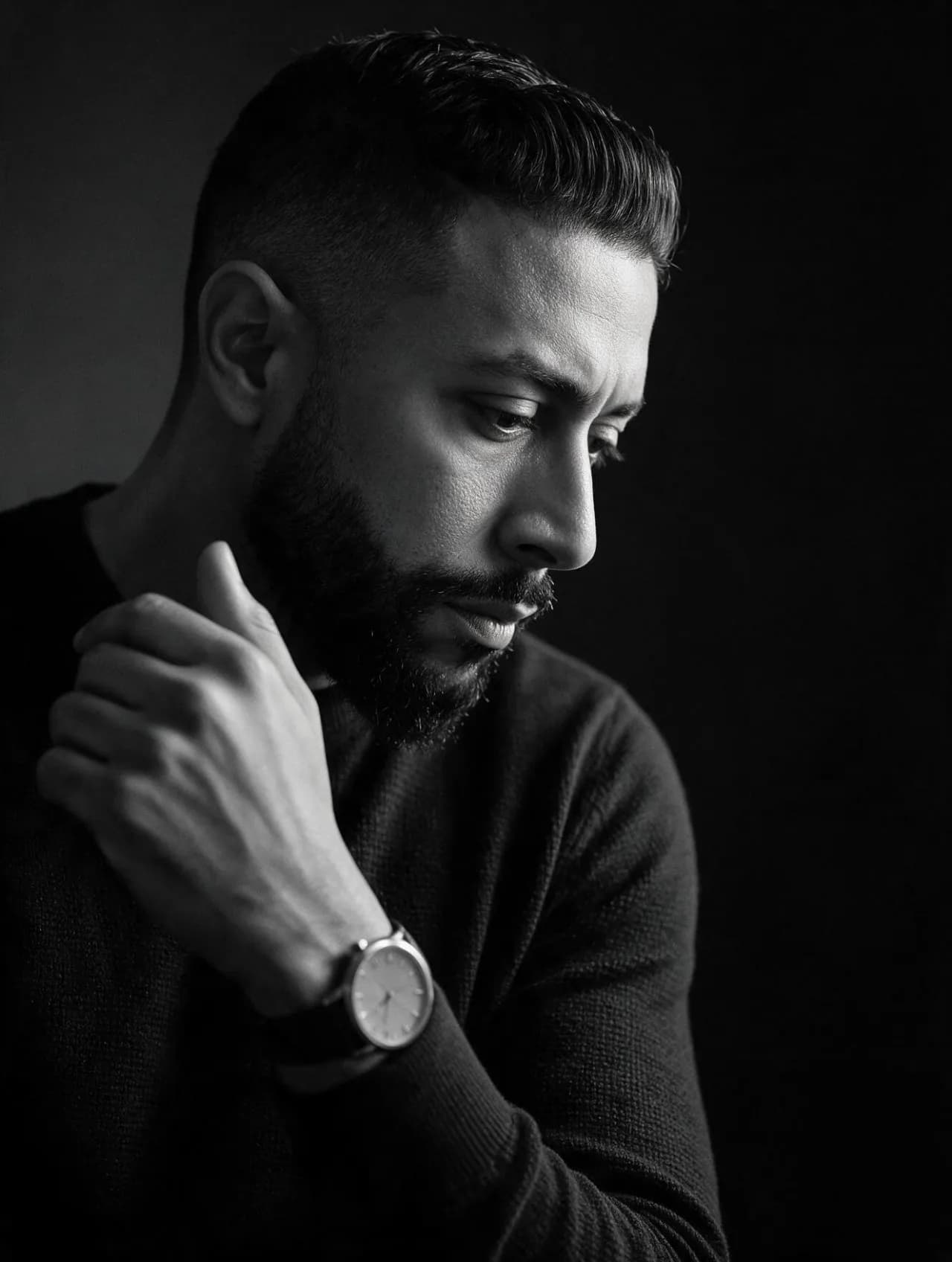 Cinematic Black-and-White Men's Fashion Editorial Portrait, Hyperrealistic