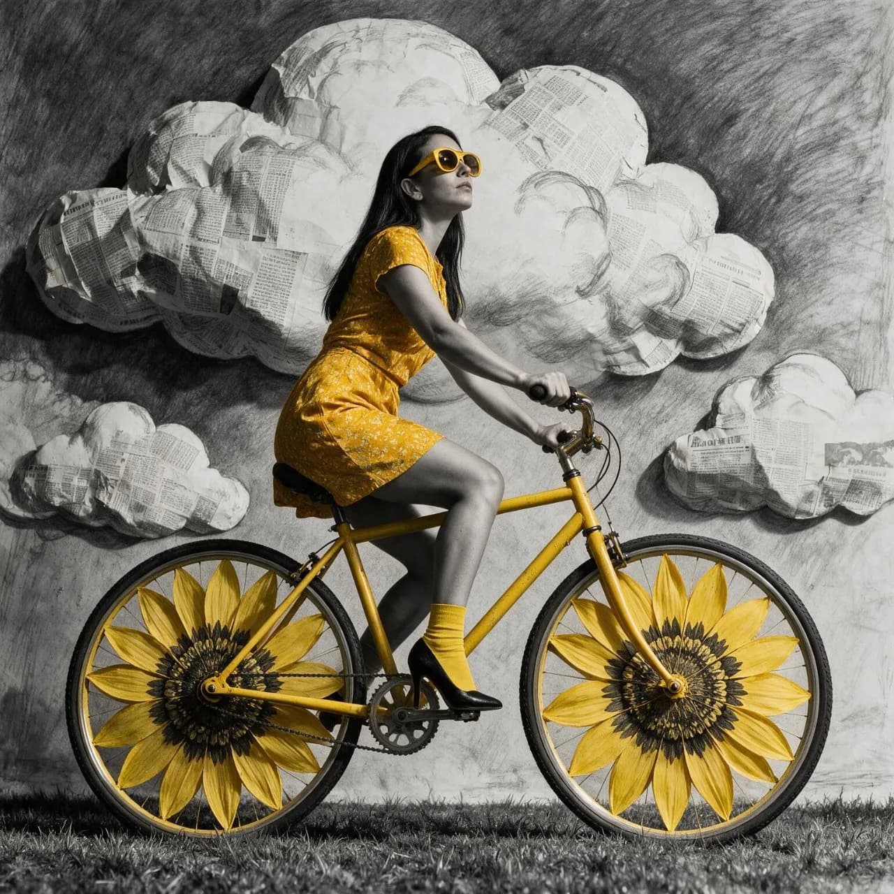 Surreal Fashion Portrait — Mustard Yellow Bicycle Collage - Imagem 1