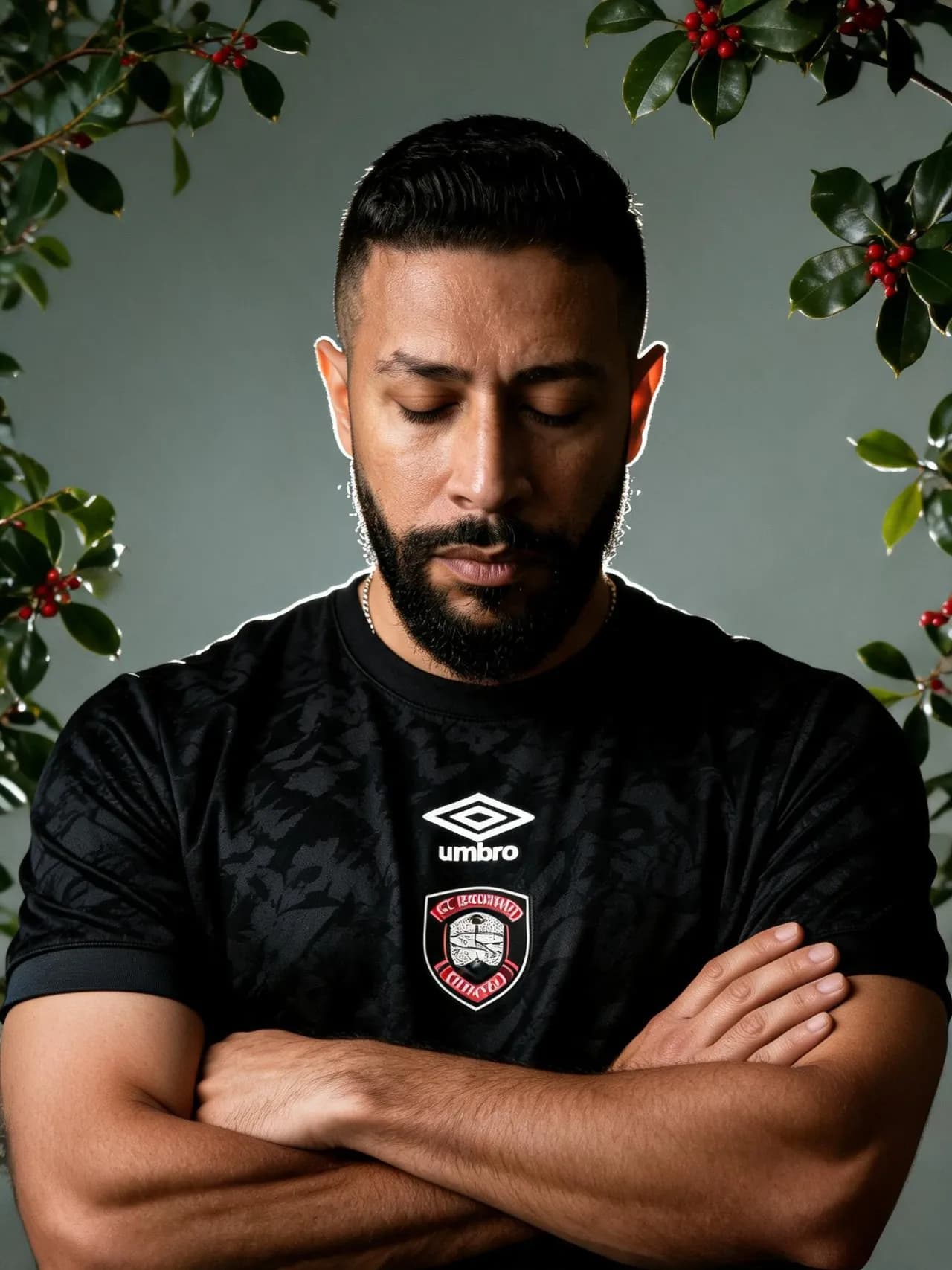 Editorial Studio Portrait with Botanical Frame — Sportswear Campaign