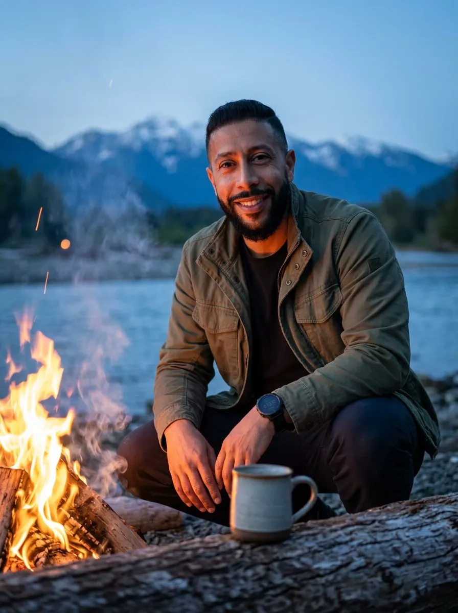 Cinematic Photoreal Portrait at Campfire, Identity-Preserved